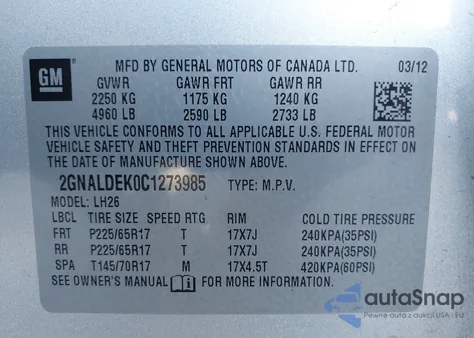 2012 Chevrolet Equinox 1Lt из США, поврежденный, VIN 2GNALDEK0C1273985